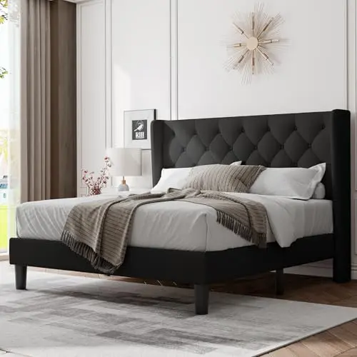 Feonase queen upholstered bed frame with wingback headboard