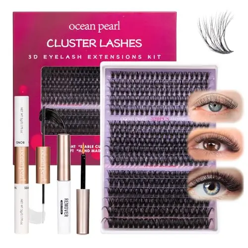 Ocean Pearl lash clusters kit with 320 pieces, bond, seal, remover, and tweezers