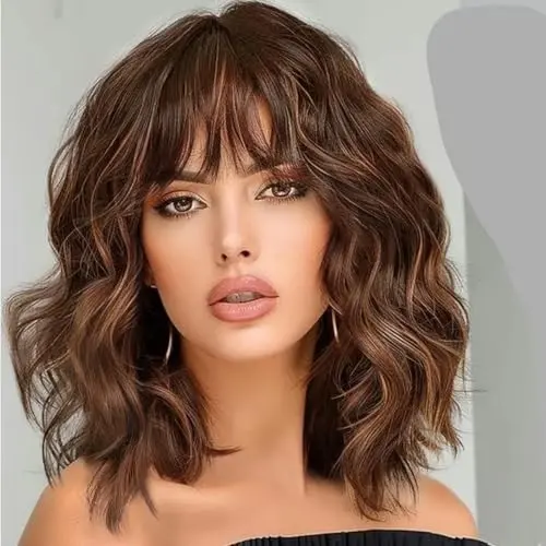 Lativ brown highlight short wavy curly bob wig with bangs