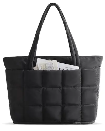 BAGSMART expandable tote bag for women in black with quilted design