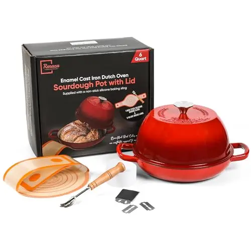 Renaza red enameled cast iron Dutch oven with included bread lame and silicone sling