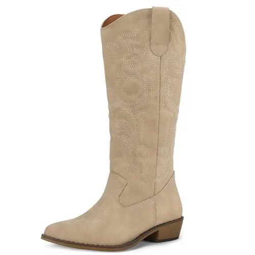 mysoft women's embroidered cowboy boot with chunky heel and memory foam insole