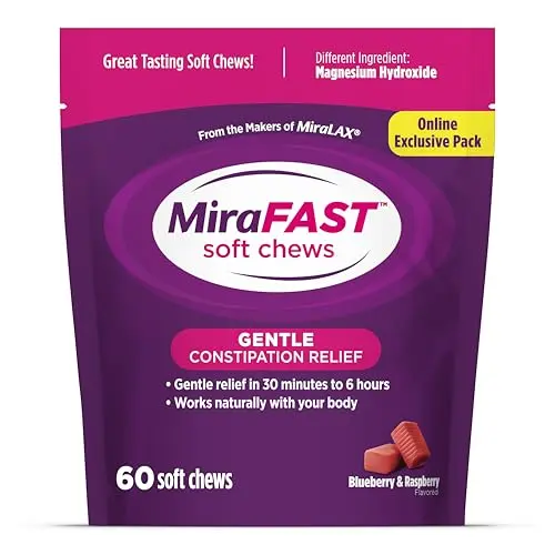 MiraFAST soft chews for constipation relief in blueberry and raspberry flavor