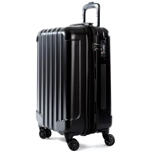 Expandable hardside carry-on luggage in jet black with spinner wheels