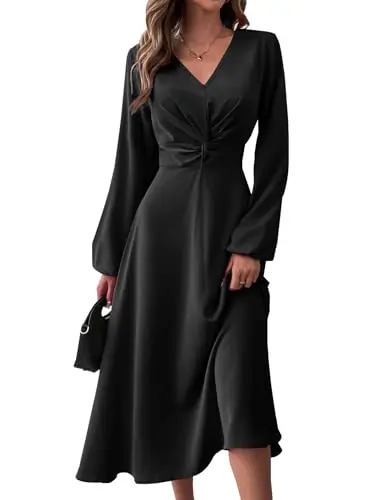 LalaLin women's long sleeve V-neck twist waist cocktail maxi dress