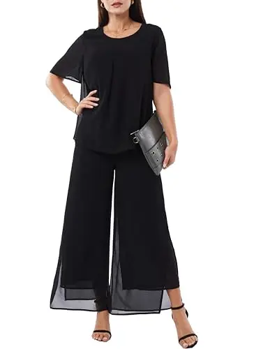 Black chiffon pant suit with ruffle layers and split pants