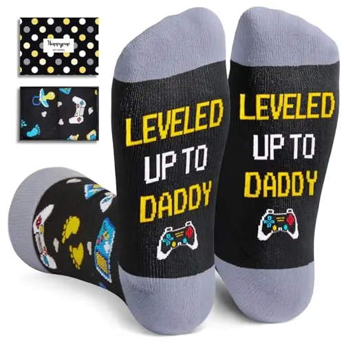HAPPYPOP black socks with baby footprints and Leveled Up to Daddy message for new dads