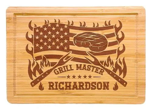 7th Hill personalized wood cutting board with grill theme and included stand