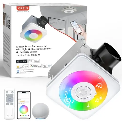 OREiN smart bathroom exhaust fan with LED light and modern white finish