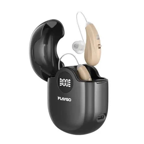 Flaygo beige behind-the-ear hearing aids showing discreet design
