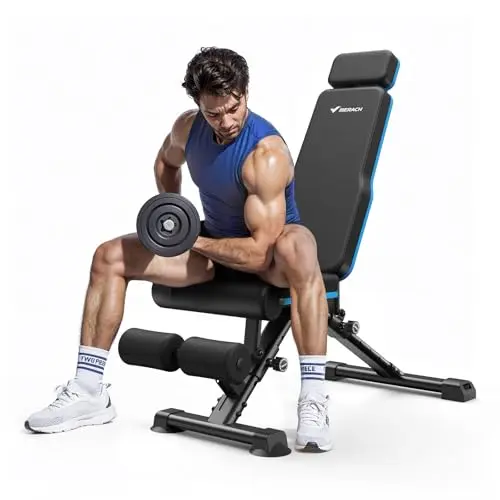 MERACH adjustable weight bench with extended headrest and foldable design