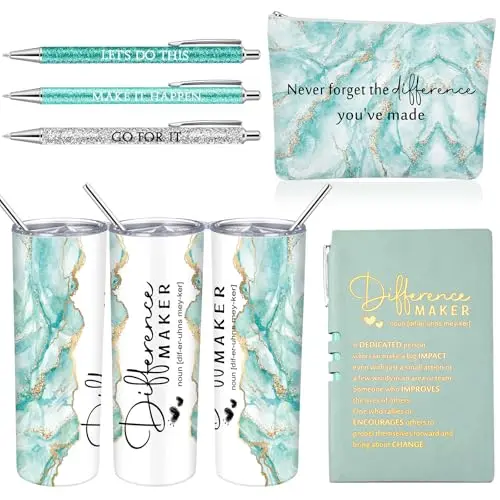 Sieral difference maker gift set with tumbler, journal, and makeup bag