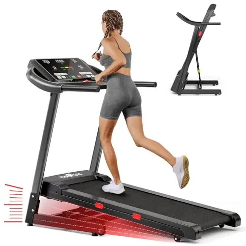 THERUN Auto Incline Treadmill with red accents and spacious deck