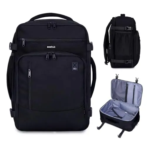 ECOHUB black travel backpack with multiple pockets and organization features