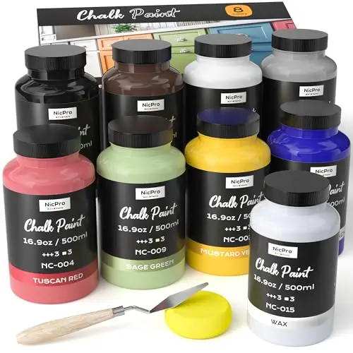 Nicpro 8-color chalk paint set with large 16.9oz bottles and mixing tools