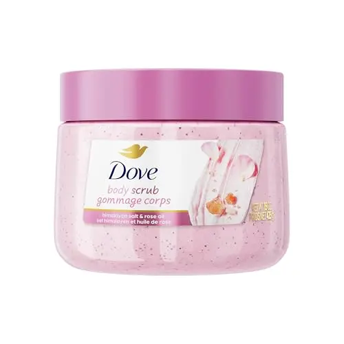 Dove body scrub in recyclable jar with pink cream texture