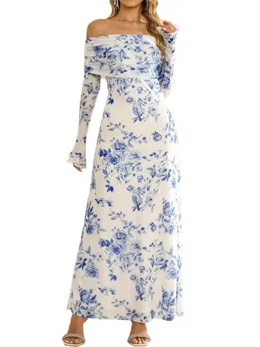 KUTUMAI women's off-shoulder long sleeve mesh bodycon dress with floral pattern