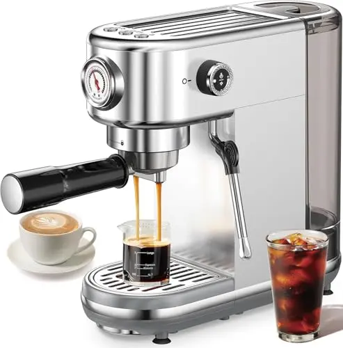 Silver espresso machine with milk frother for professional home brewing
