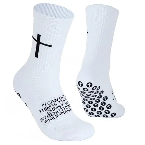 Cross grip soccer socks with religious design