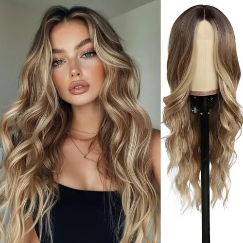 SeclitWu long ombre blonde wavy wig with dark roots