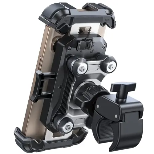 JOYROOM motorcycle phone mount with dual vibration dampener and metal tie rod on handlebar