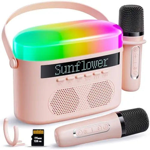 TOPCHASE pink karaoke machine with LED display and wireless microphones