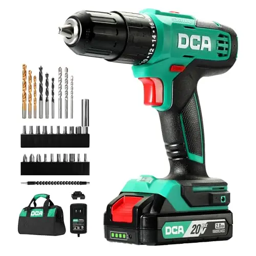 DCA 20V cordless hammer drill with bits and storage bag