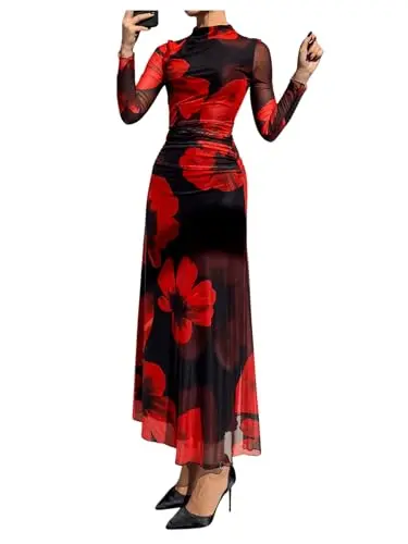 Verdusa women's floral print long sleeve bodycon dress with mock neck