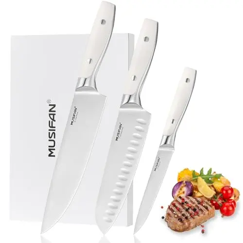Musifan 3-piece chef knife set with white and stainless steel handles