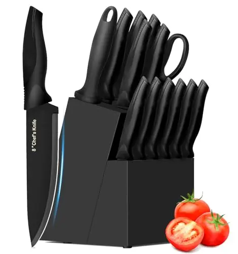 XANAPON 14-piece kitchen knife set with black handles and wooden block