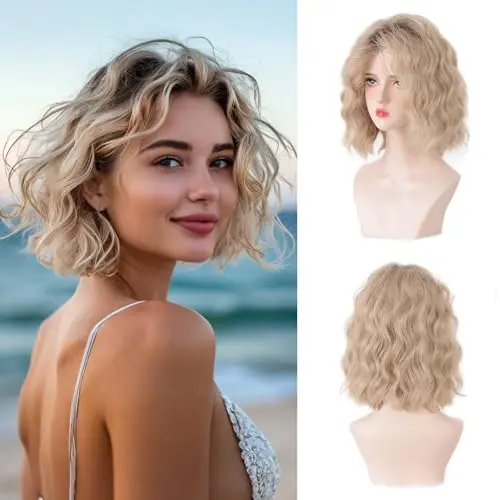 Short ombre ash blonde wavy bob wig