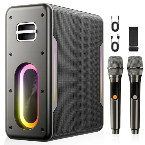 Myscenetang karaoke machine with three speakers and carrying strap