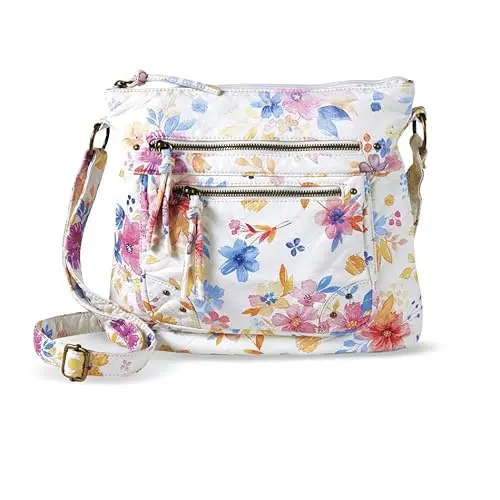 Multi-pocket floral pattern vegan leather crossbody bag with multiple zippers