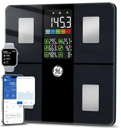 GE smart scale with large color display showing body metrics