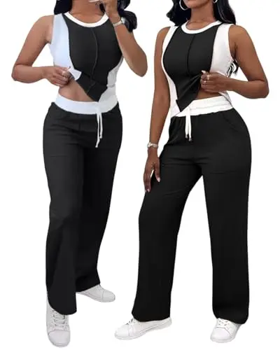 CHICME women's 2 piece ribbed tracksuit in black