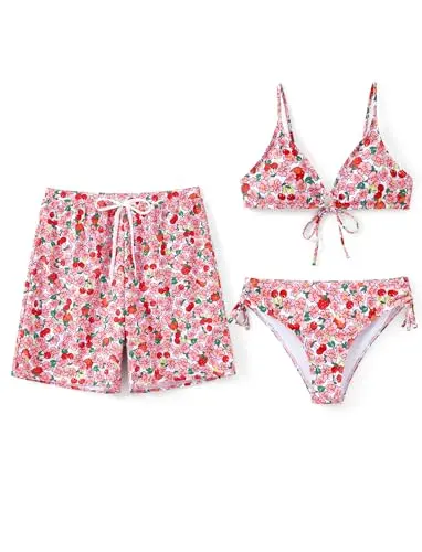 PATPAT pink floral two-piece bikini set and matching swim trunks