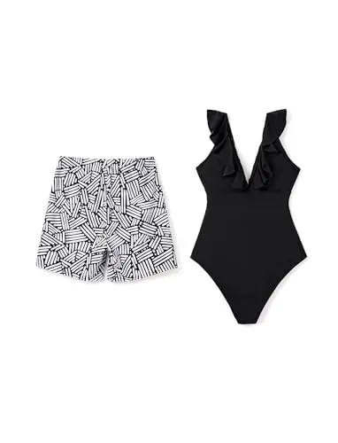 PATPAT ruffled V-neck one-piece swimsuit and nature-print swim trunks