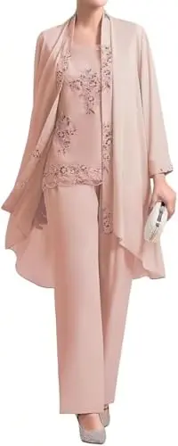 Blush colored chiffon pant suit with lace appliques