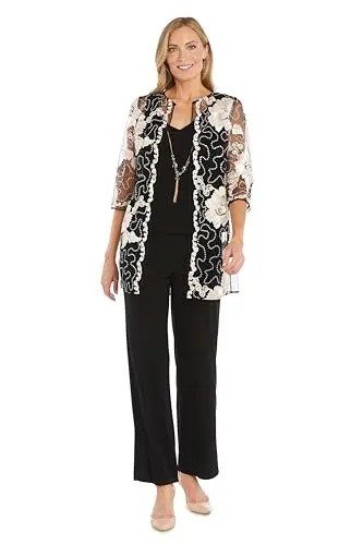 R&M Richards champagne and black sequin cardigan pant suit set