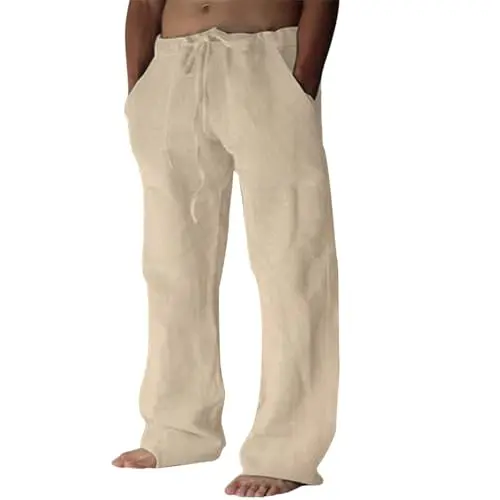 Puimentiua men's cotton linen blend pants in light khaki color