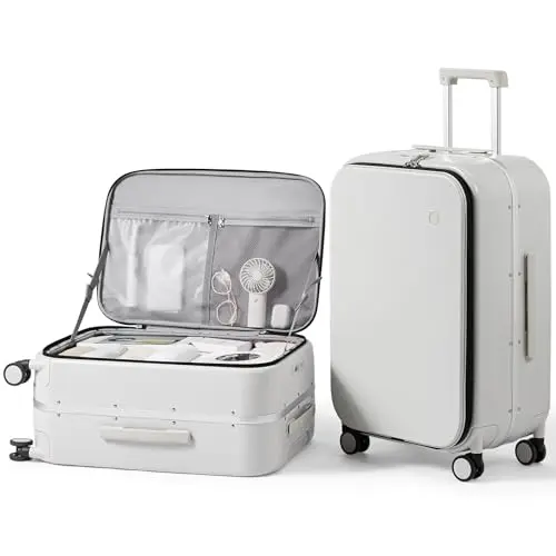 mixi 24-inch checked luggage with side-opening design in smoke white