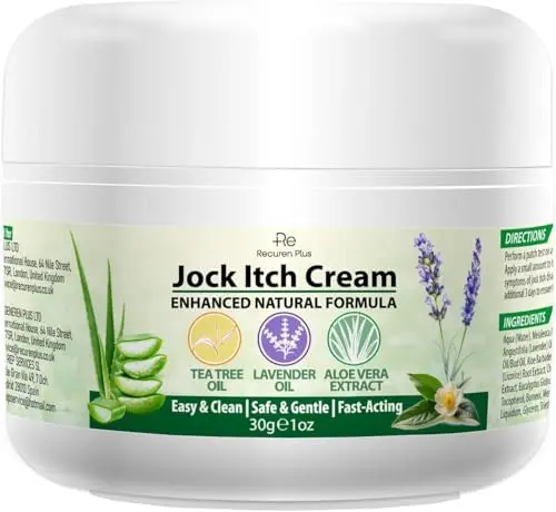 Recuren Plus Jock Itch Cream bottle with natural ingredients
