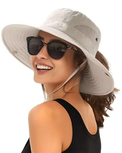 FURTALK women's wide-brim sun hat with ponytail hole in beige