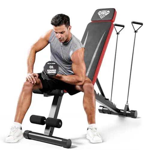 Freepub workout bench with adjustable headrest and resistance bands