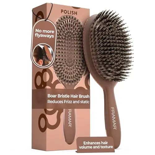 FRAMAR boar bristle hair brush in Chocolate color with wooden handle