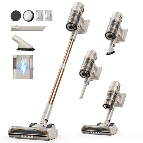 Honiture Clean P7 Pro cordless stick vacuum standing upright while cleaning pet hair