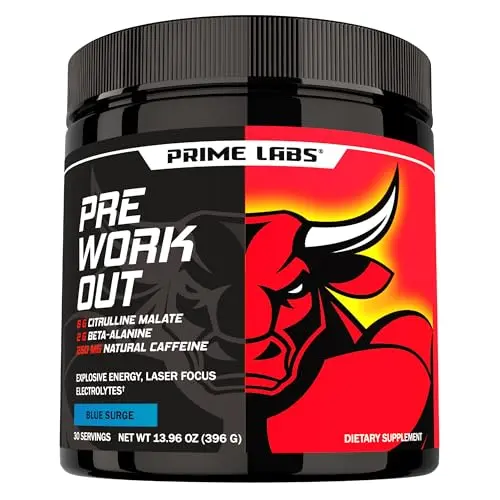 Prime Labs Pre Workout Powder tub with blue lemonade flavor