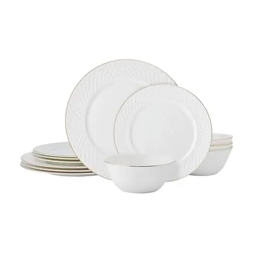 Mikasa bone china dinnerware set with gold rim trellis pattern