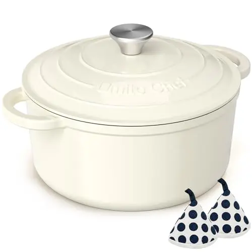 Umite Chef cream white enameled cast iron Dutch oven with cotton potholders