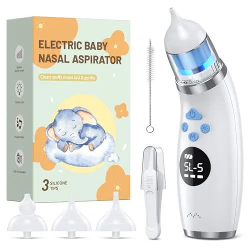 pudult electric nasal aspirator in white with multiple silicone tips